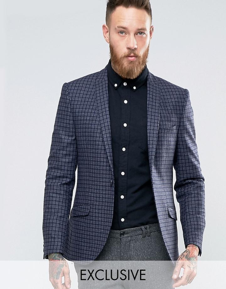 Heart & Dagger Skinny Blazer In Tonal Brushed Check - Navy