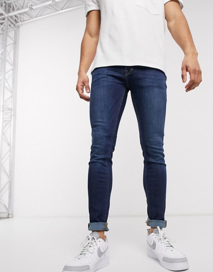 Jack & Jones Intelligence Liam Skinny Fit Jeans In Mid Blue Wash-black