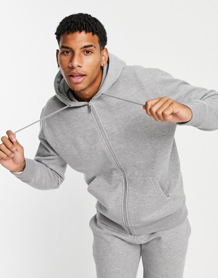 Topman Recycled Polyester Blend Full Zip Hoodie In Gray Heather - Part Of A Set-grey
