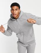 Topman Recycled Polyester Blend Full Zip Hoodie In Gray Heather - Part Of A Set-grey