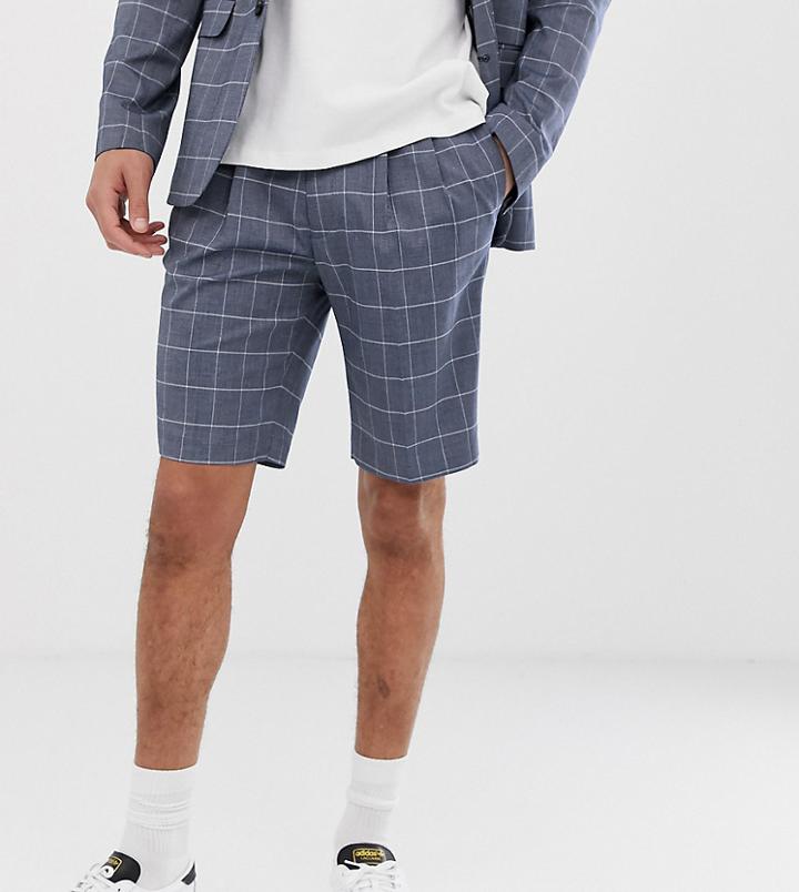 Asos Design Tall Slim Suit Shorts In Linen Blue Check