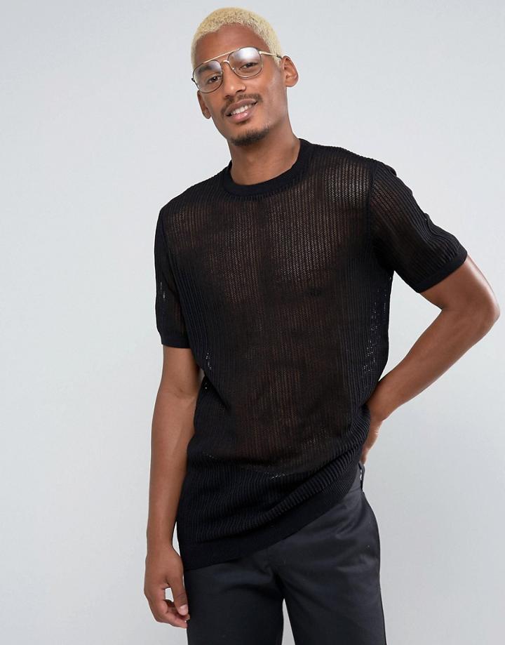 Asos Mesh Longline T-shirt In Black - Black
