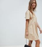 Asos Design Petite Oversized Mini Cotton Smock Dress With High Neck - Beige