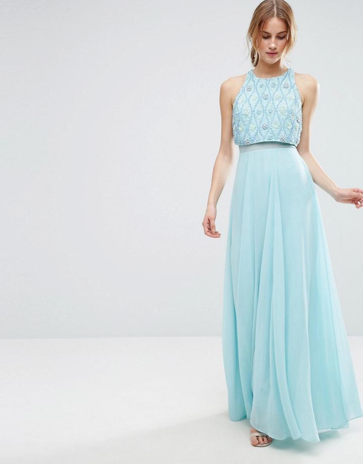 Asos 3d Cluster Embellished Crop Top Maxi Dress - Blue