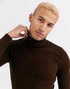 Asos Design Muscle Fit Ribbed Roll Neck Sweater In Brown