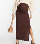 Flounce London Maternity Ribbed Midi Skirt With Side Splits In Chocolate - Part Of A Set-brown