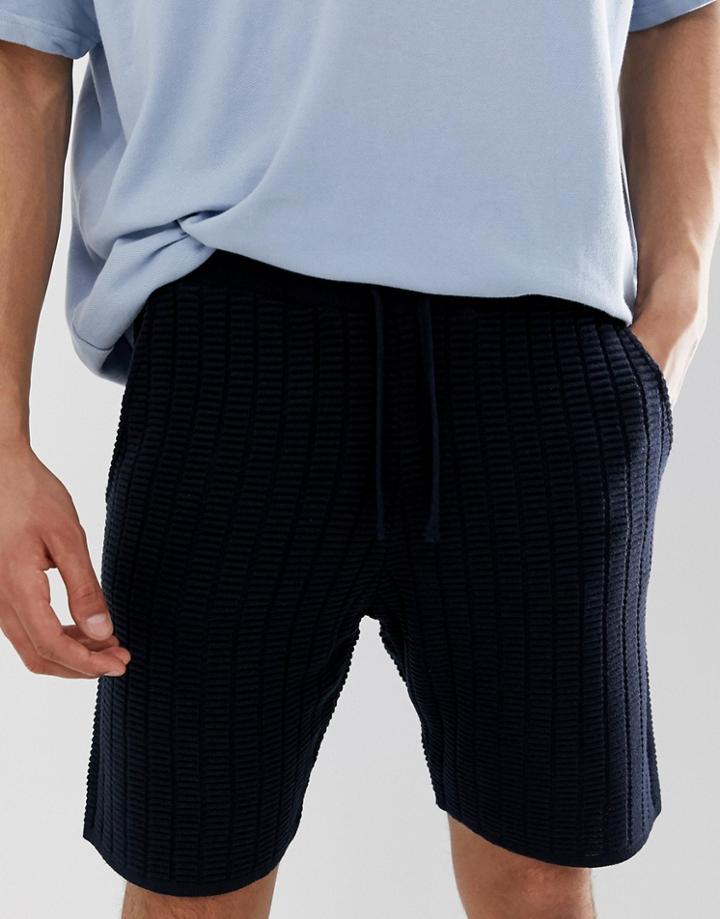 Asos Design Knitted Textured Shorts In Navy