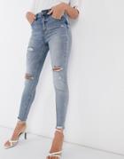 Stradivarius High Waist Skinny Jeans With Rips In Medium Wash-blue