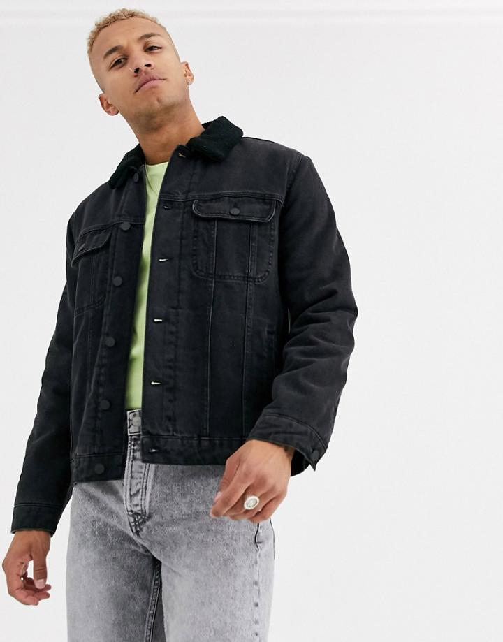 Asos Design Fleece Lined Denim Jacket In Black