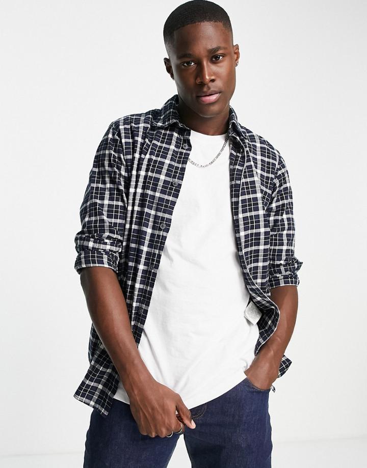 Selected Homme Cotton Blend Check Shirt In Regular Fit Navy - Navy