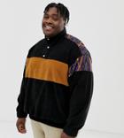 Asos Design Plus Oversized Sweatshirt In Fleece With Track Neck And Geo-tribal Print Panels - Black