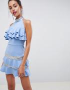 Asos Design Sequin Collar Frill Mini Dress - Blue