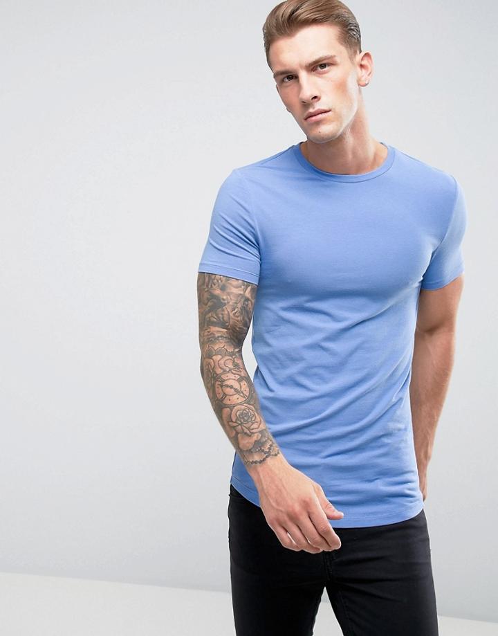 Asos Longline Muscle Fit T-shirt With Crew Neck And Curve Hem In Blue - Blue