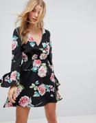 Influence Flared Sleeve Wrap Floral Dress - Multi