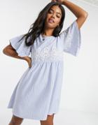 Asos Design Smock Mini Dress In Stripe With Embroidery Detail In Blue And White-multi