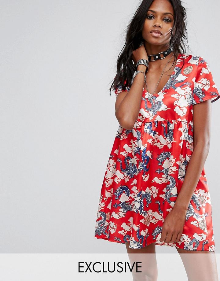 Reclaimed Vintage Inspired Festival Short Sleeve Smock Dress In Dragon Print - Blue