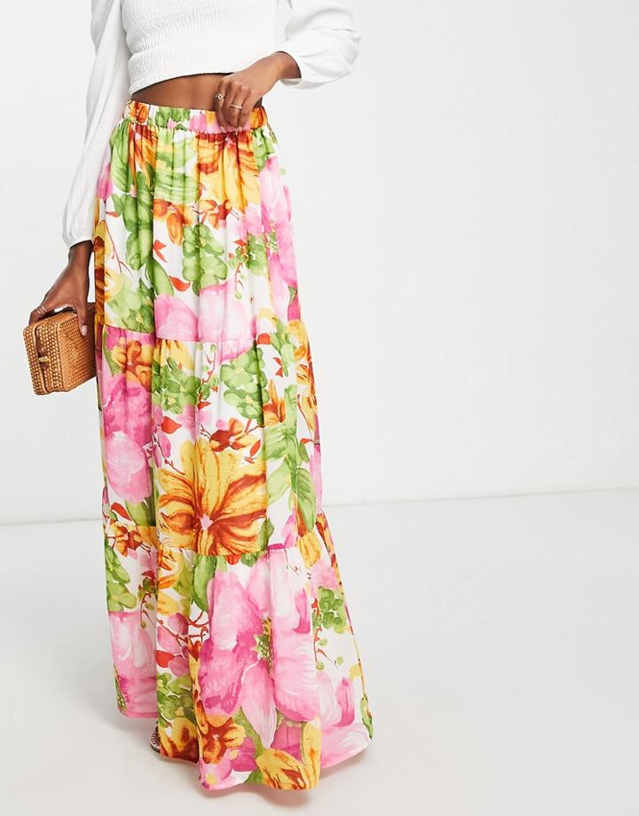 Asos Design Soft Full Maxi Skirt In Bright Floral Print-multi