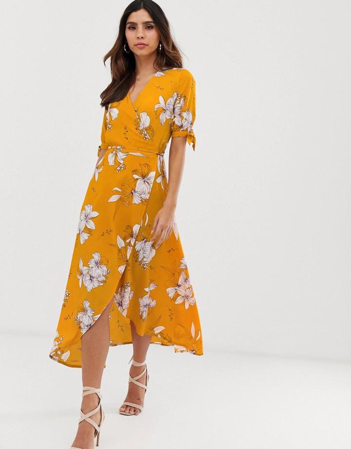 Ax Paris Floral Print Wrap Midi Dress-yellow