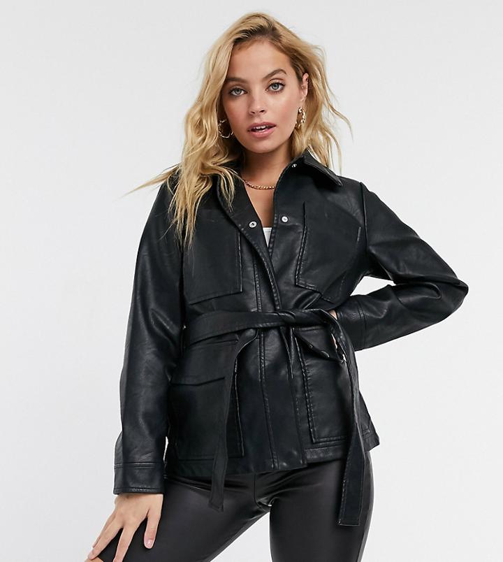 Threadbare Petite Lemonade Belted Faux Leather Jacket-black