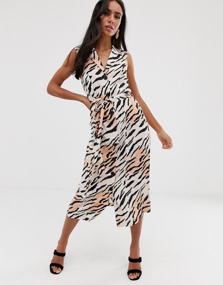 Asos Design Sleeveless Button Through Midi Shirt Dress In Animal Print-multi