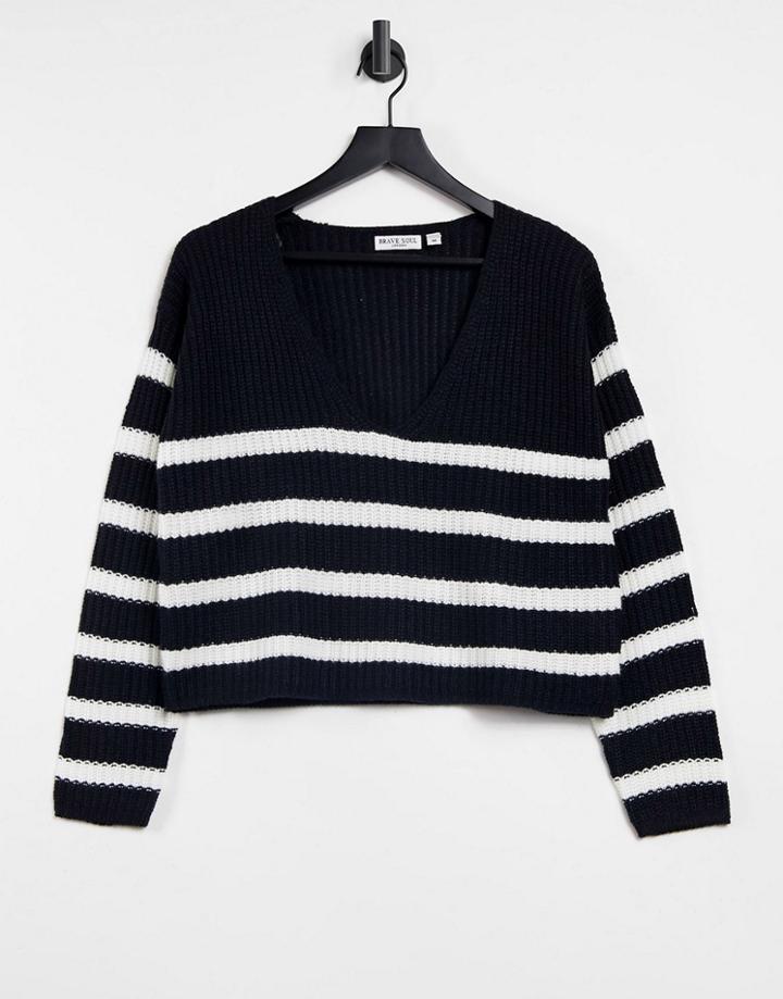 Brave Soul Reefia Cropped V Neck Sweater In Stripe-navy