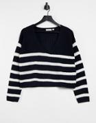 Brave Soul Reefia Cropped V Neck Sweater In Stripe-navy