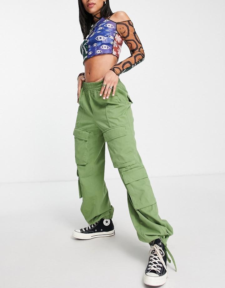 Bershka Drawstring Cargo Pants In Khaki-green