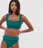 Unique21 Shirred Tie Dye Ruffle Trim Bikini Top - Green