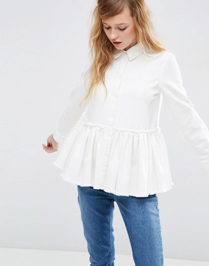 Asos Denim Drop Waist Pleated Shirt In White With Raw Hem - White
