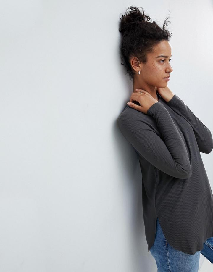 Asos Crew Neck Long Sleeve Top With Curve Hem - Gray