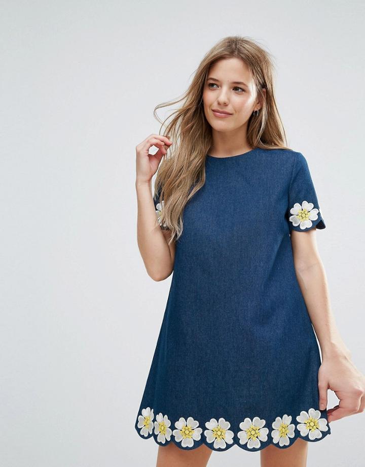 The English Factory Denim Short Sleeve Dress With Daisy Embroidered Detail - Blue