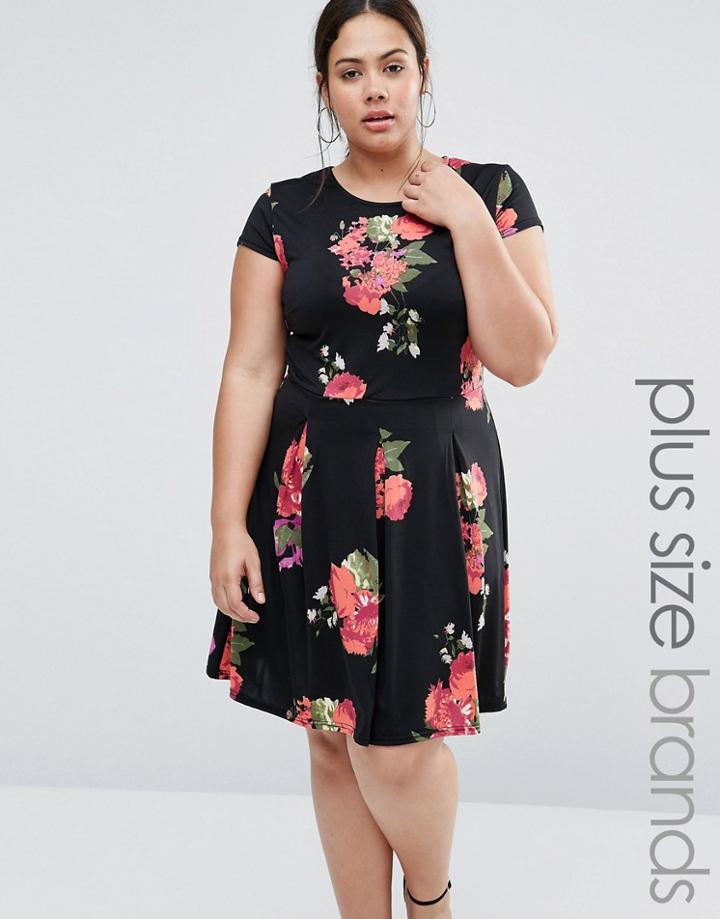 Praslin Plus Skater Dress In Floral Print - Black