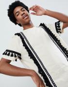Asos Design Festival Relaxed Longline T-shirt With Geo-tribal Taping And Tassels In Ecru - White