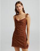 Bershka Mesh Printed Cami Dress In Brown