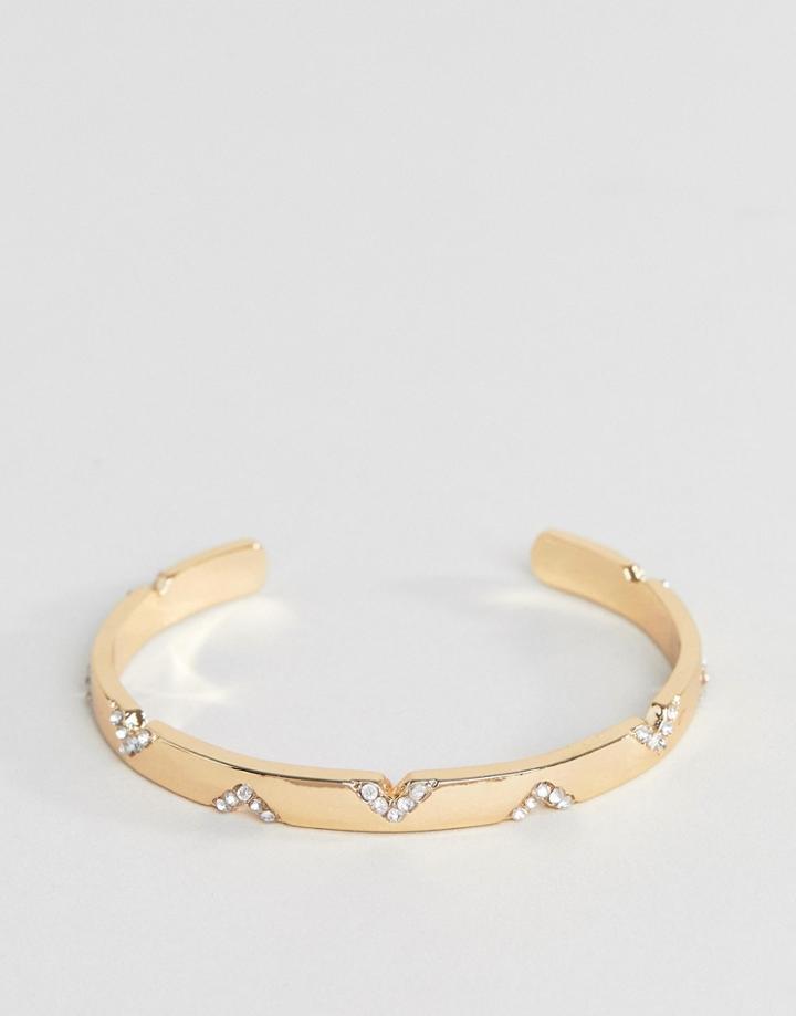 Asos Design Cuff Bracelet With Crystal V Detailing In Gold - Gold