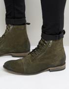 Asos Lace Up Boots In Khaki Suede With Toecap - Green