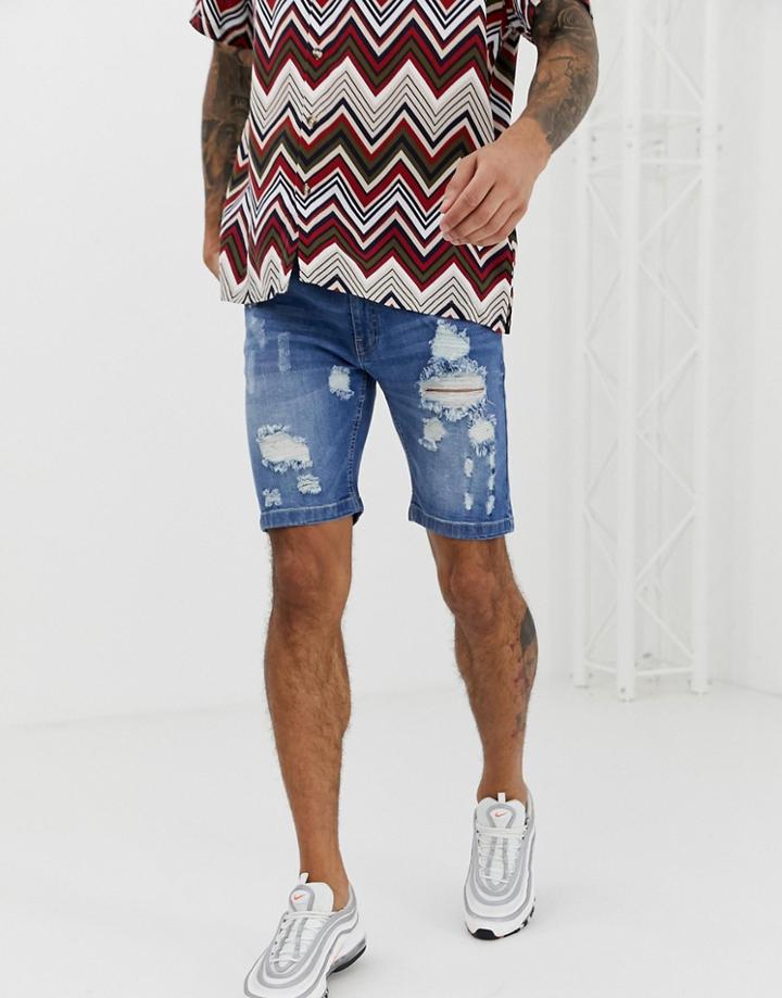 Soul Star Slim Fit Ripped Denim Shorts - Blue