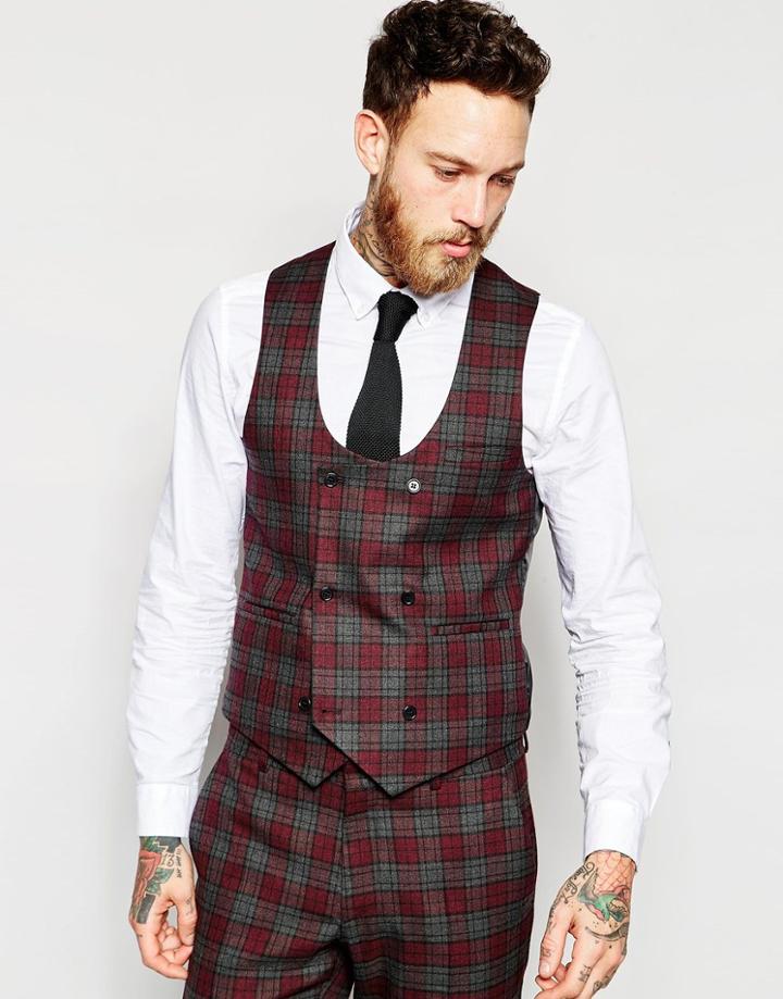 Asos Skinny Waistcoat In Red Tartan Check - Multi