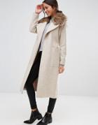 New Look Faux Fur Belted Maxi Coat - Beige