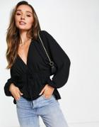 Asos Design Long Sleeve V Neck Top With Kimono Sleeves And Tie Front In Black