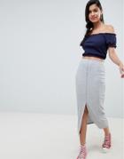 Asos Design Rib Popper Midi Skirt In Marl - Gray