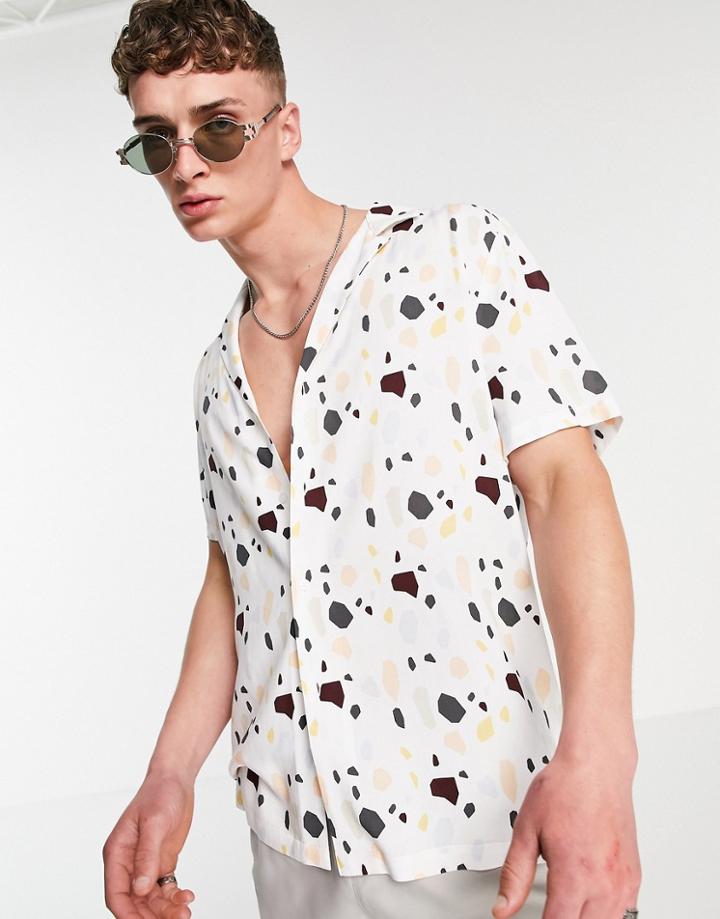 Asos Design Relaxed Deep Revere Shirt In Terrazo Rock Print-white