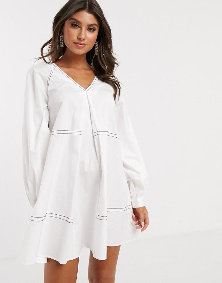 Asos Design Mini Smock Dress With Long Sleeves And Contrast Stitching-white