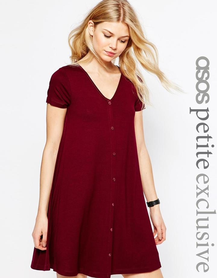 Asos Petite Swing Dress With Button Front And Short Sleeves - Oxblood