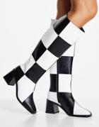 Monki Polly Vegan Checkerboard Knee High Heeled Boots In Black