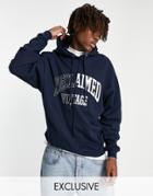 Reclaimed Vintage Inspired Spliced Varsity Print Hoodie In Navy