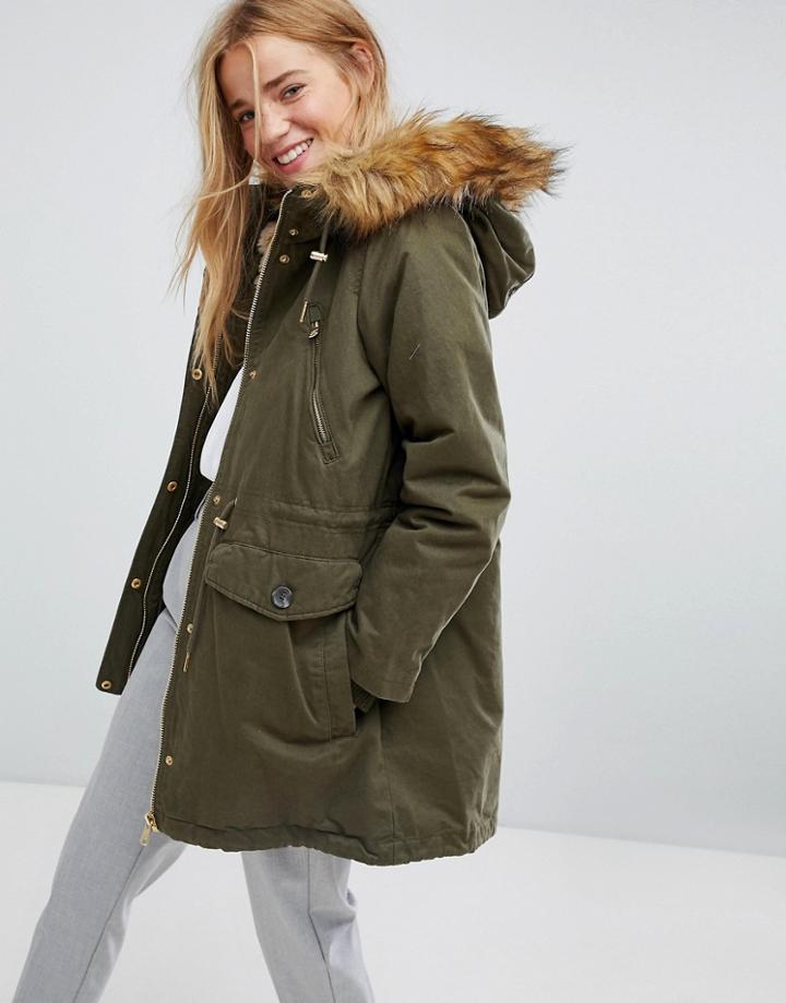 Pull & Bear Faux Fur Hood Parka Coat - Green