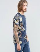 Asos T-shirt With Japanese Floral Print In Navy - Navy