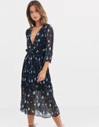 Liquorish Wrap Front Midi Dress With Pleated Skirt In Blue Floral-blues