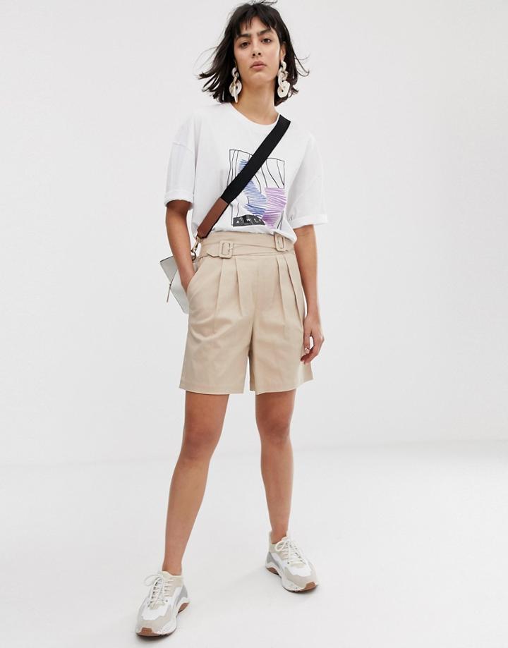 Asos White High Waist Belted Shorts-brown